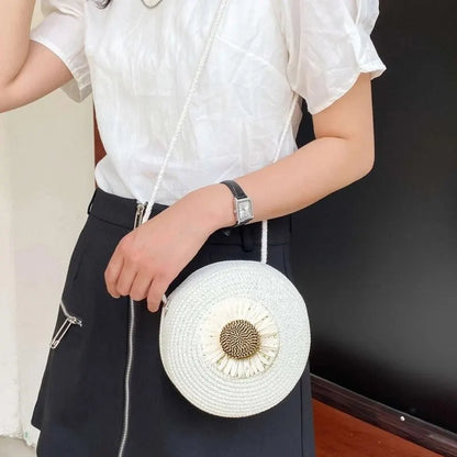 Bolso redondo de paja con estampado floral de inspiración vintage – Bolso de mujer para llevar al hombro o cruzado