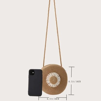 Bolso redondo de paja con estampado floral de inspiración vintage – Bolso de mujer para llevar al hombro o cruzado