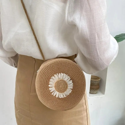 Bolso redondo de paja con estampado floral de inspiración vintage – Bolso de mujer para llevar al hombro o cruzado