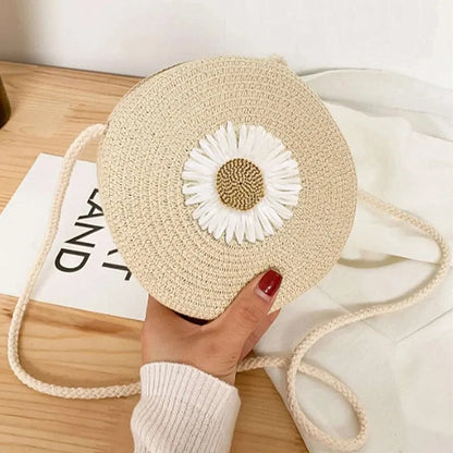 Bolso redondo de paja con estampado floral de inspiración vintage – Bolso de mujer para llevar al hombro o cruzado