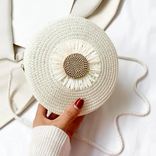 Round straw bag with vintage-inspired floral print – Women's bag to wear on the shoulder or crossbody