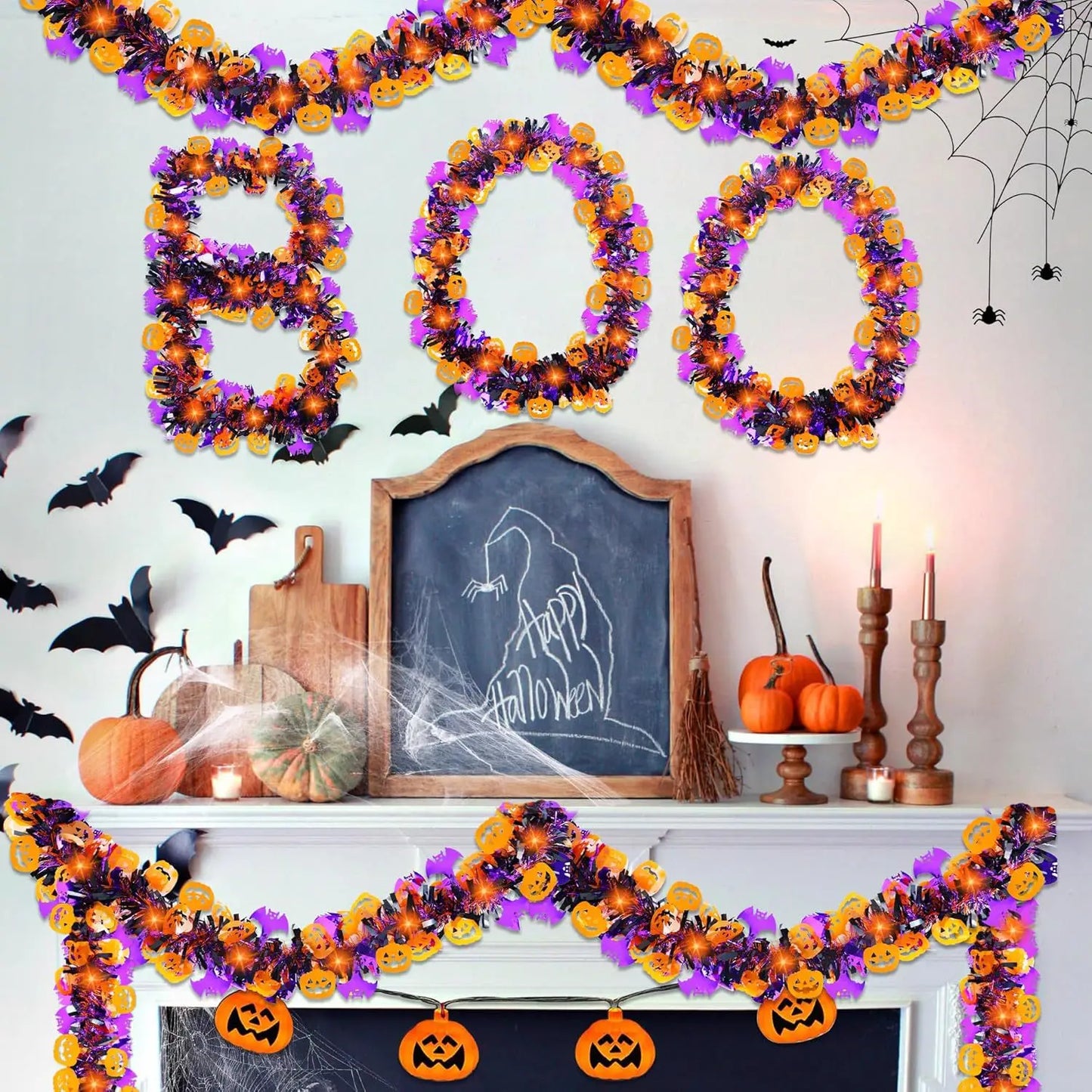 Haunted Elegance 2m Halloween Hanging Garland – Glitter Bats and Pumpkins for Festive Home Decor